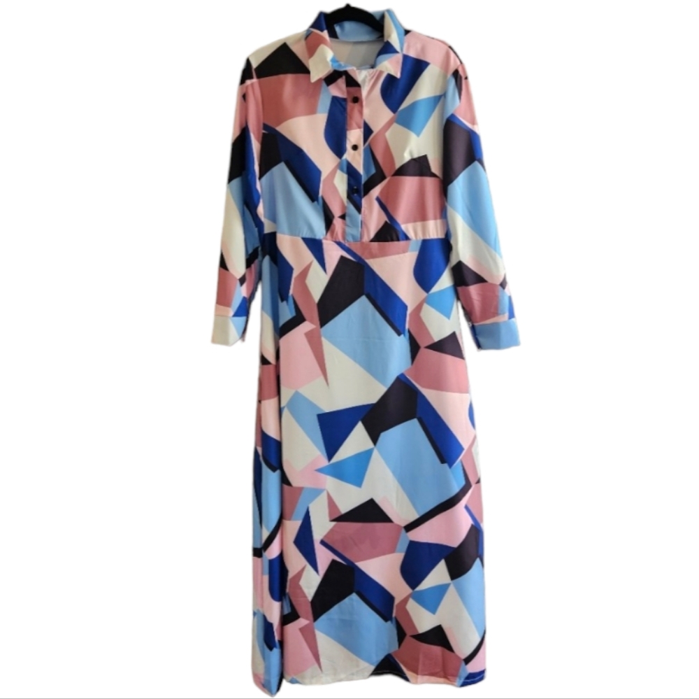 Long Sleeve Maxi Dress Colorful Women's Size Small Pink Blue Geometric Mod Retro